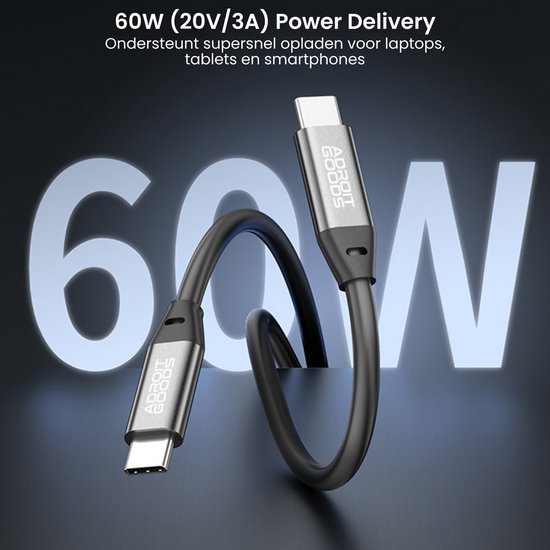 Zwarte USB-C kabel met metalen AdroitGoods connectoren voor snel opladen van apparaten.
