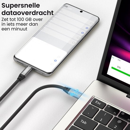 Smartphone aangesloten op laptop via kabel voor snelle dataoverdracht tot 100 GB in lage tijd