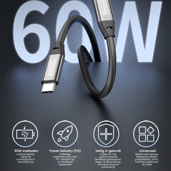 Zwarte USB-C kabel met 60W snel laden, Power Delivery en universele compatibiliteit veilig in gebruik