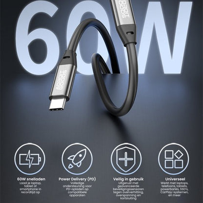 Zwarte USB-C kabel met 60W snel laden, Power Delivery en universele compatibiliteit veilig in gebruik
