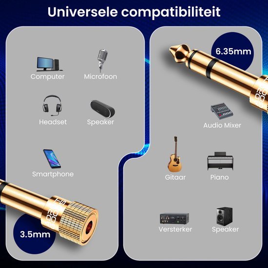 Gouden 3,5mm naar 6,35mm audio adapter voor compatibiliteit met diverse apparaten zoals computer en gitaar