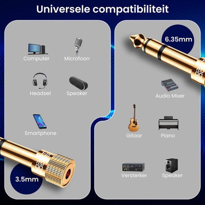 Gouden 3,5mm naar 6,35mm audio adapter voor compatibiliteit met diverse apparaten zoals computer en gitaar