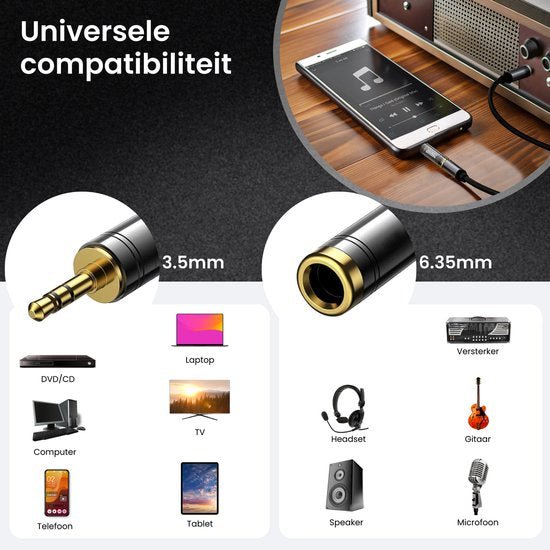 3,5 mm en 6,35 mm audioaansluitingen met compatibiliteit voor diverse apparaten en accessoires