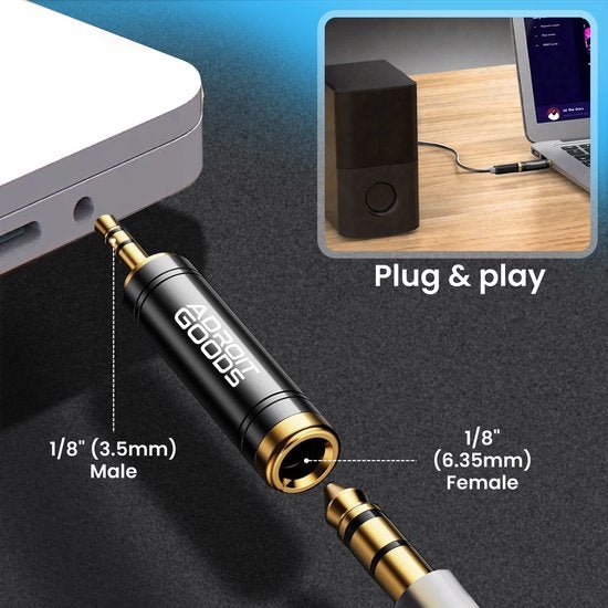 Zwarte audioadapter van 3,5 mm mannetje naar 6,35 mm vrouwtje met plug-and-play functionaliteit