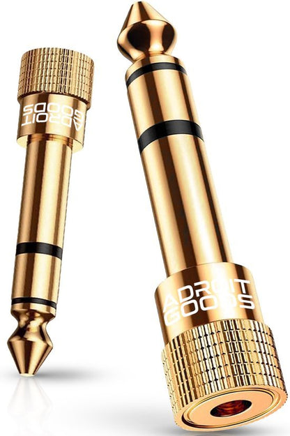 Twee gouden audio-adapters met zwarte accenten en gestructureerde grip van AdroitGoods