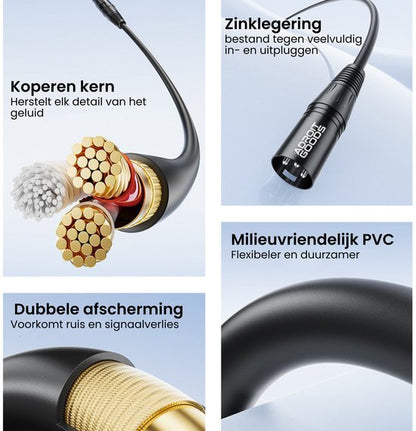 Close-up van audio kabel met koperen kern, zinklegering, dubbele afscherming en flexibele zwarte PVC mantel