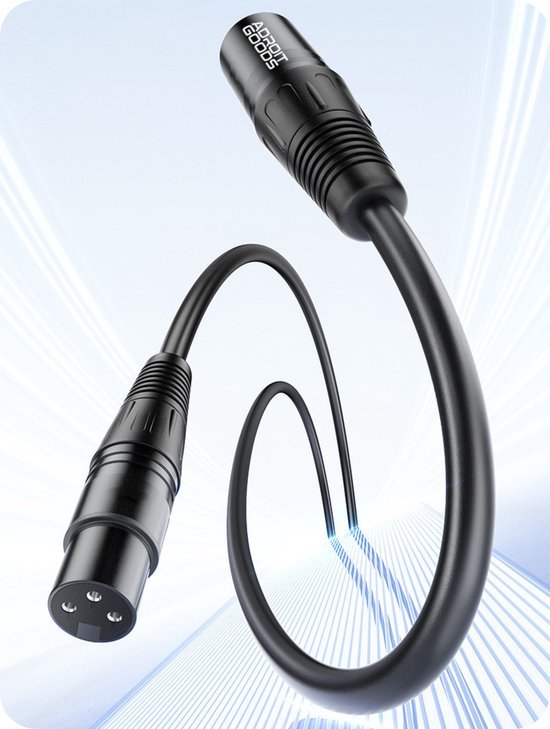 Zwarte audiokabel met drie-pins connectoren en AdroitGoods logo op connectoren