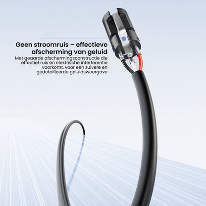 Close-up van een zwarte kabel met geaarde afscherming tegen stroomruis en storingen.