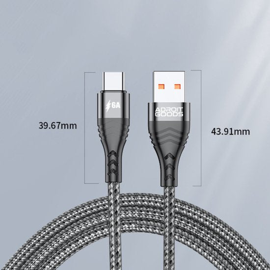 Grijze gevlochten USB naar type-C kabel met afmetingen en 6A stroomaanduiding.