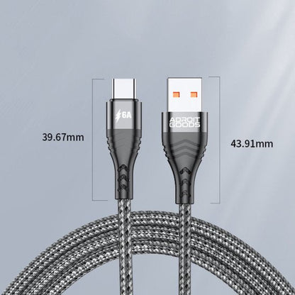 Grijze gevlochten USB naar type-C kabel met afmetingen en 6A stroomaanduiding.