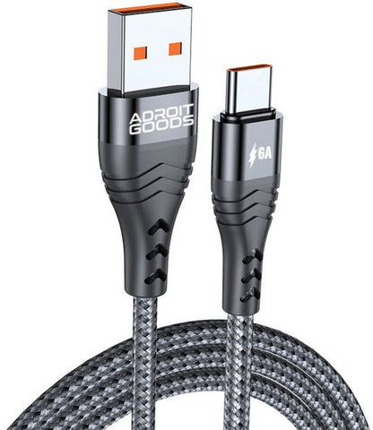 grijs gevlochten oplaadkabel met usb en type-c connector met AdroitGoods logo