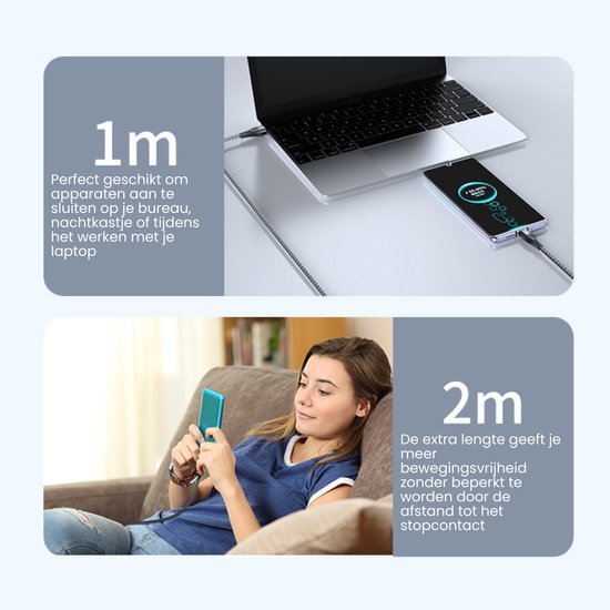 Twee beelden met een laptop en telefoon verbonden via kabels van 1 en 2 meter lengte