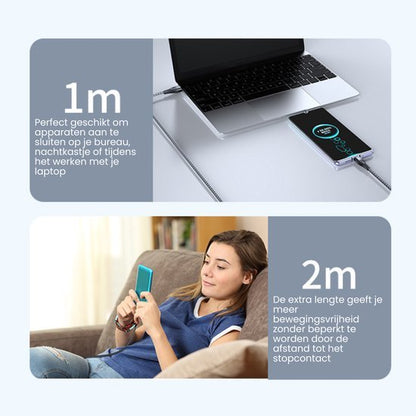 Twee beelden met een laptop en telefoon verbonden via kabels van 1 en 2 meter lengte