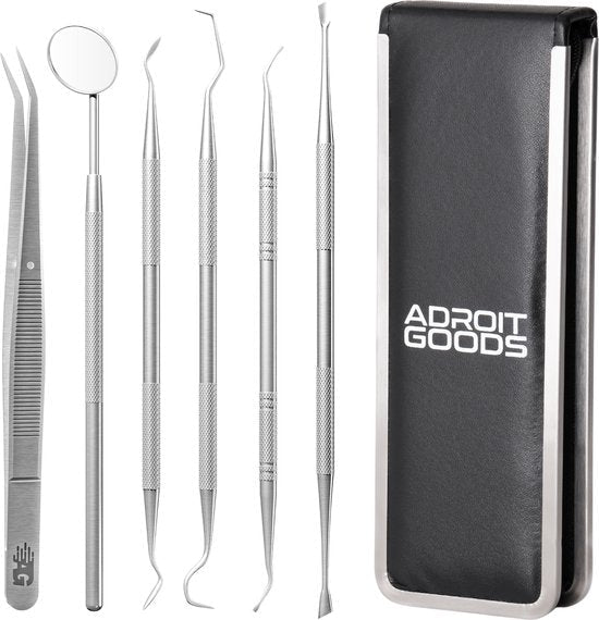 Roestvrijstalen tandartsgereedschapset met pincet en spiegeltje inclusief zwarte bewaaretui AdroitGoods