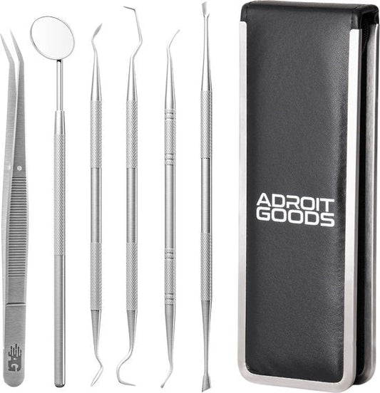 Roestvrijstalen tandartsgereedschapset met pincet en spiegeltje inclusief zwarte bewaaretui AdroitGoods