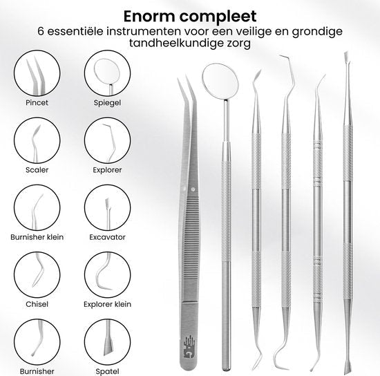 Zes tandheelkundige instrumenten zoals pincet, spiegel, scaler, explorer en spatels in een set