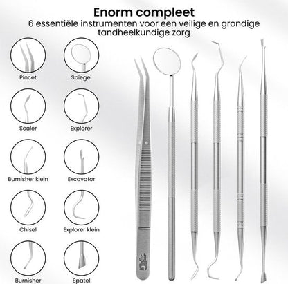Zes tandheelkundige instrumenten zoals pincet, spiegel, scaler, explorer en spatels in een set