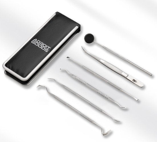 Set van zes metalen tandheelkundige instrumenten met zwarte bewaartas van Adroit Goods