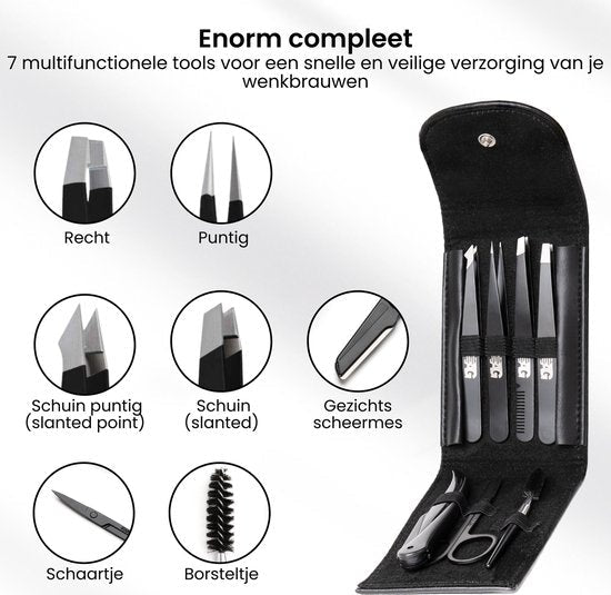 Set met zeven multifunctionele pincetten en verzorgingstools in een zwart opbergetui voor wenkbrauwen.