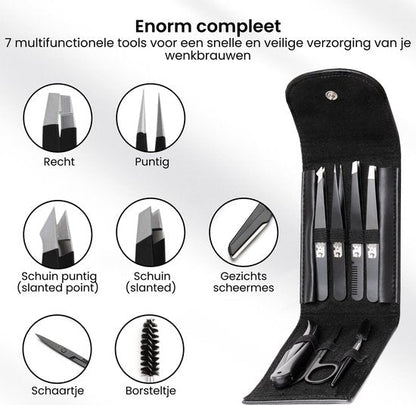 Set met zeven multifunctionele pincetten en verzorgingstools in een zwart opbergetui voor wenkbrauwen.