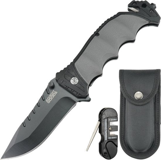 Opvouwbaar mes met zwart handvat, slijper en zwarte draaghoes, professioneel ontwerp