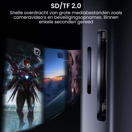 Zijaanzicht van een apparaat met ingebouwde SD/TF 2.0 kaartlezer voor snelle mediatransfer.