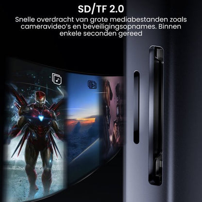 Zijaanzicht van een apparaat met ingebouwde SD/TF 2.0 kaartlezer voor snelle mediatransfer.