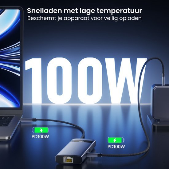 Snelladen met 100W vermogen en lage temperatuur voor veilig opladen van apparaten