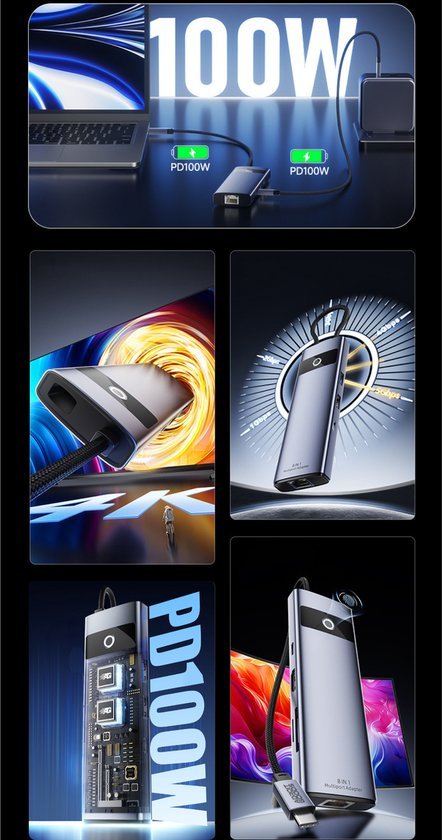 laptop en apparaat verbonden met PD 100W snellaadkabel en moderne tech accessories