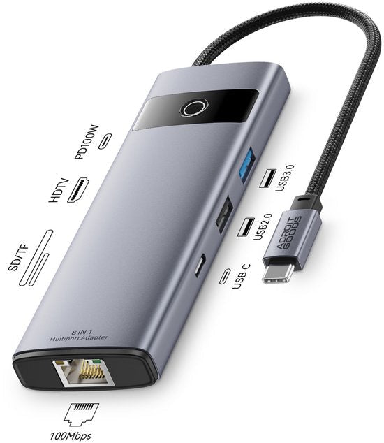 8-in-1 multiport adapter met verschillende USB- en HDMI-poorten en een netwerkaansluiting
