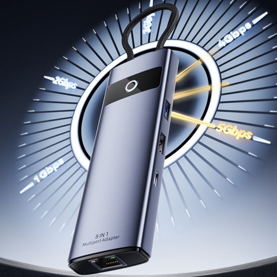 stijlvolle grijze multipoortadapter met USB- en Ethernet-poorten tegen futuristische achtergrond