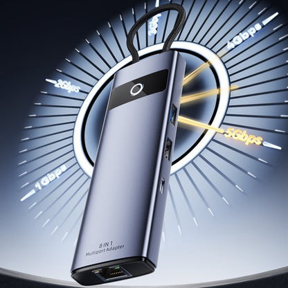 stijlvolle grijze multipoortadapter met USB- en Ethernet-poorten tegen futuristische achtergrond