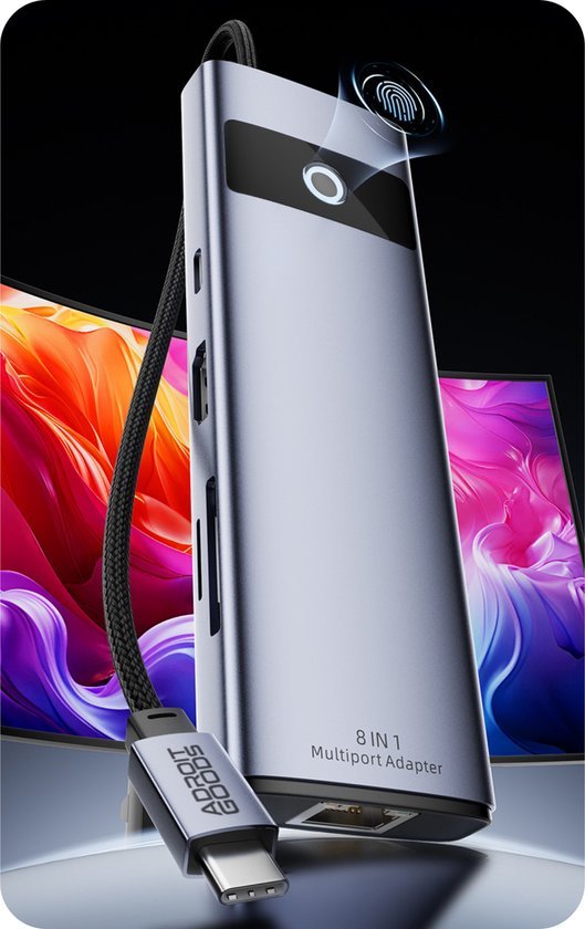 zilvergrijze multiport adapter met verschillende aansluitingen en USB-C kabel voor laptopgebruik