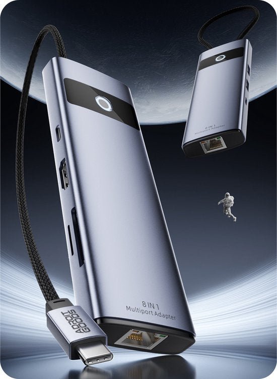 slanke zilverkleurige 8-in-1 multiport adapter met verschillende aansluitingen en kabel