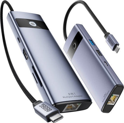 Grijze multifunctionele adapter met meerdere poorten en USB-C kabel voor diverse aansluitingen