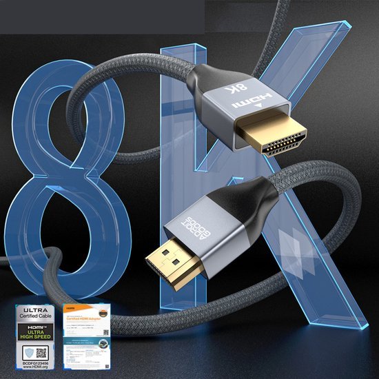 Zwarte gevlochten HDMI-kabel met 8K-ondersteuning en metalen aansluitingen in een professionele stijl.