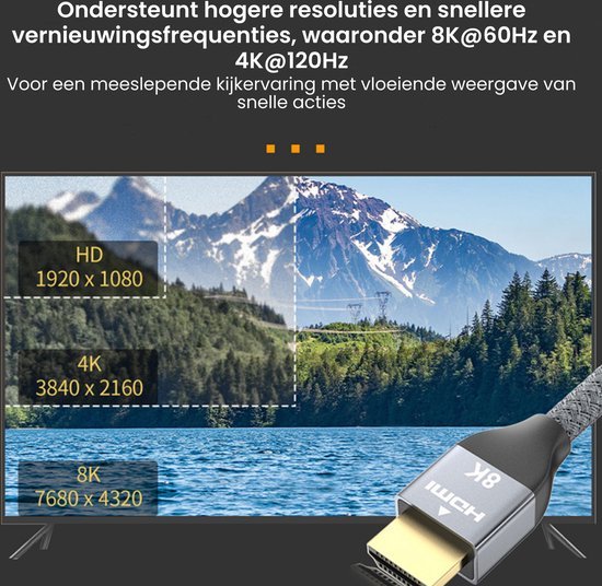 Televisiescherm met berglandschap en HDMI-kabel die 8K, 4K en HD resoluties toont.