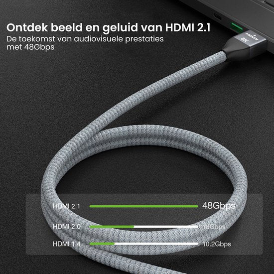 Grijze gevlochten HDMI 2.1 kabel verbonden met een zwart apparaat voor hoge datasnelheid