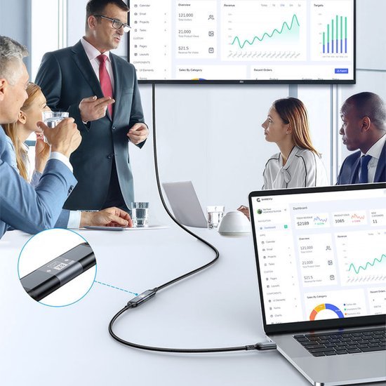 Zakelijke vergadering met presentator en personeel die naar grafieken op laptops en schermen kijkt