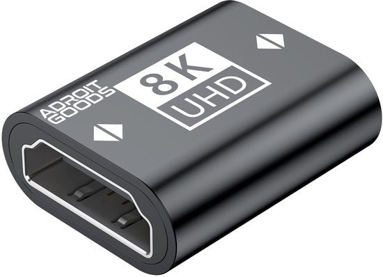 zwarte compacte adapter met 8K UHD-tekst en aansluitpoort voor videoapparatuur