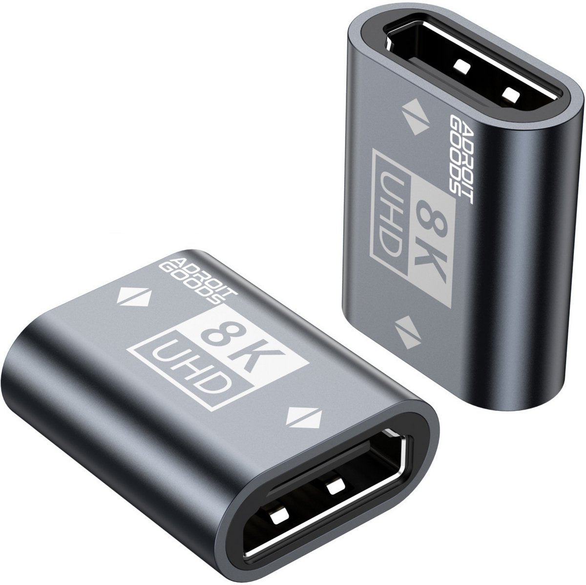 Zwarte HDMI-connector adapter van AdroitGoods met 8K UHD prestaties en compact design.
