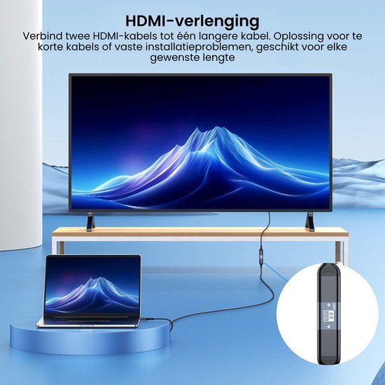 Laptop verbonden met groot scherm via HDMI-verlengkabel voor langere afstand en betere connectiviteit