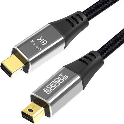 Zwarte gevlochten kabel met metalen AdroitGoods connectoren en DP 1.4 8K aansluiting