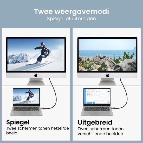 Twee computerschermen met spiegel- en uitgebreid weergavemodus, één met sneeuwlandschap, één met zeezicht