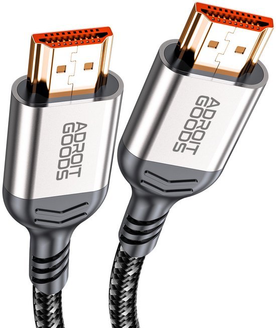 twee gespoten metalen hdmi-connectors aan een gevlochten kabel met AdroitGoods-logo