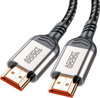 Twee stevige metalen AdroitGoods HDMI-kabels met gevlochten zwarte buitenkant en gouden connectoren