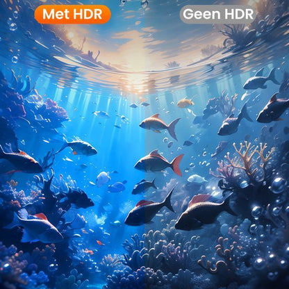Onderwaterzicht met vissen en koraal, helder en gedetailleerd met HDR versus zonder HDR.