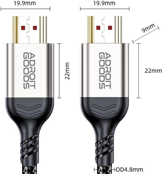 twee metalen AdroitGoods kabelconnectoren met zwarte gevlochten kabel en afmetingen weergegeven