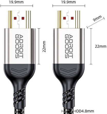 twee metalen AdroitGoods kabelconnectoren met zwarte gevlochten kabel en afmetingen weergegeven