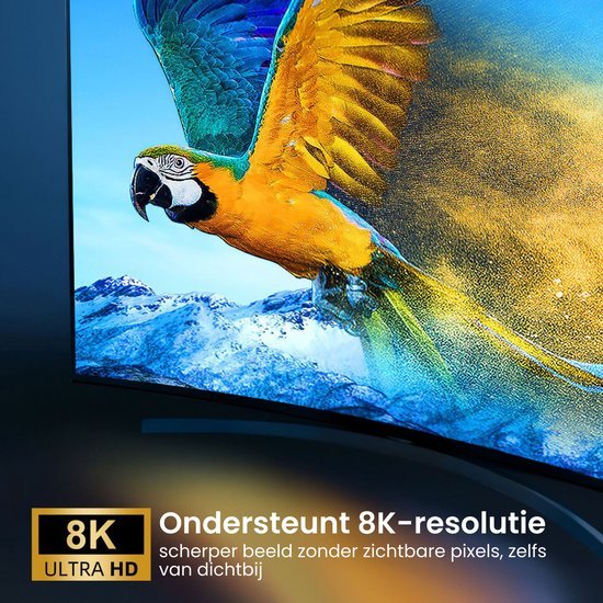 Heldere afbeelding van een kleurrijke vogel die uit het scherm vliegt, ondersteund door 8K-beeldkwaliteit